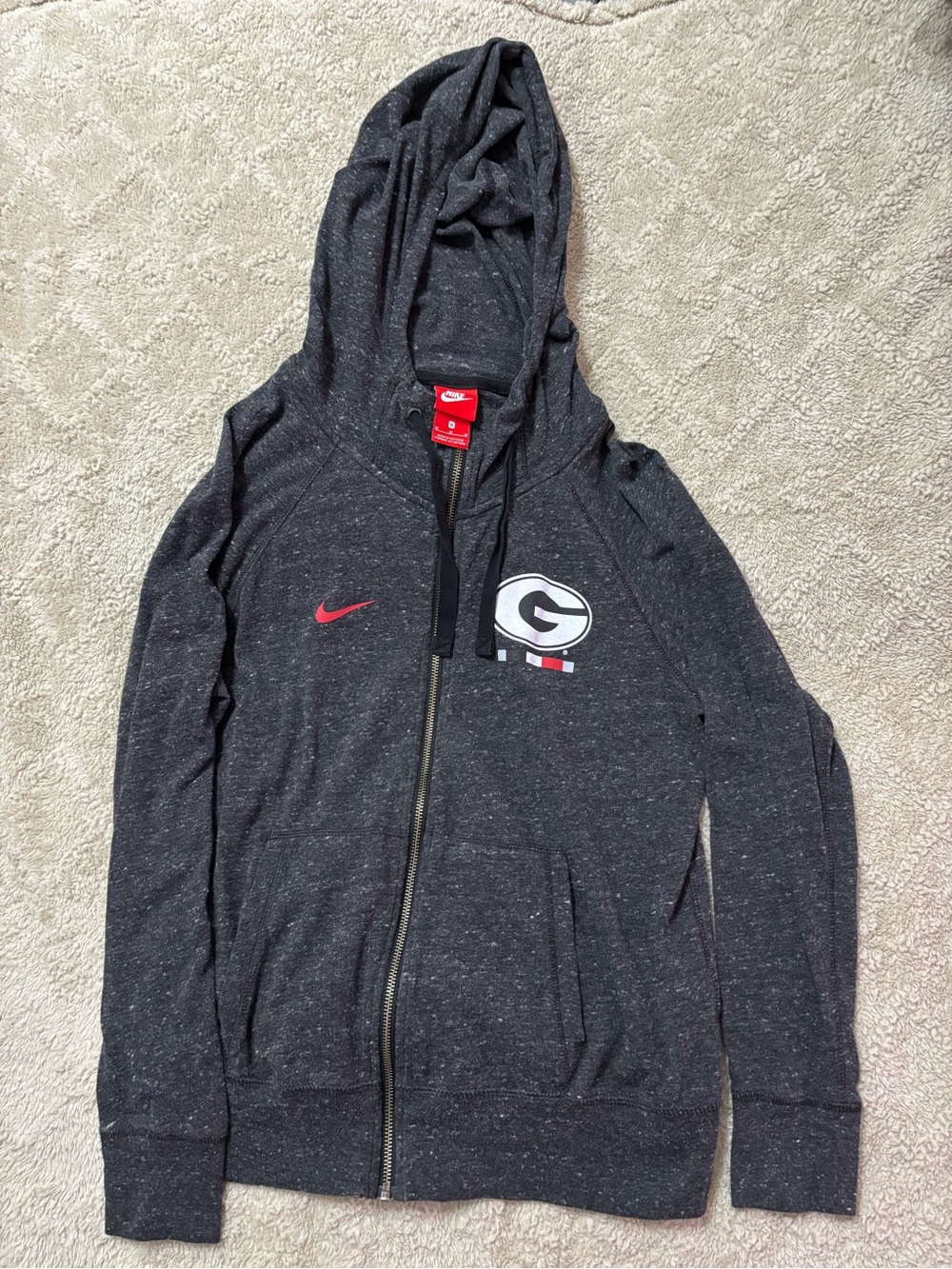 Nike Dark Gray Heathered Full-Zip Hoodie with Red Swoosh and Team Patch